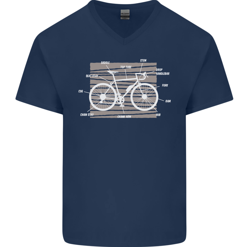 Bicycle Anatomy Funny Cyclist Cycling Funny Mens V-Neck Cotton T-Shirt Navy Blue