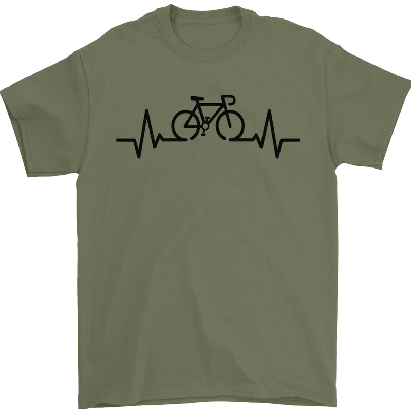 Bicycle Pulse Cycling Cyclist Road Bike Mens T-Shirt Cotton Gildan Military Green