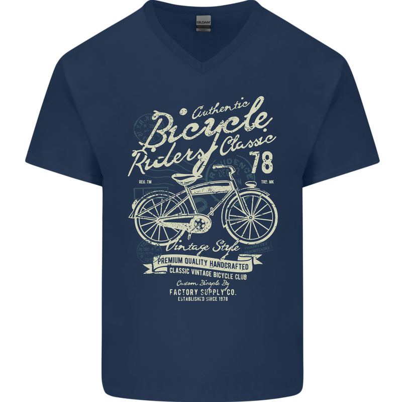 Bicycle Rider Classic Cyclist Funny Cycling Mens V-Neck Cotton T-Shirt Navy Blue