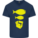 Big Fish Little Fish Cardboard Box Music Mens V-Neck Cotton T-Shirt Navy Blue