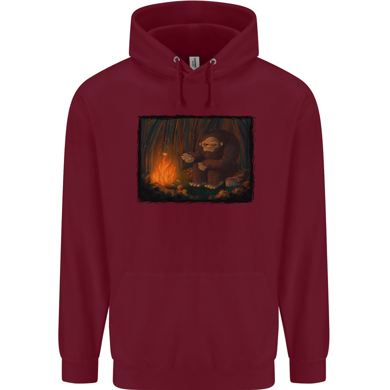 Bigfoot Camping and Cooking Marshmallows Childrens Kids Hoodie Maroon