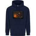 Bigfoot Camping and Cooking Marshmallows Mens 80% Cotton Hoodie Navy Blue