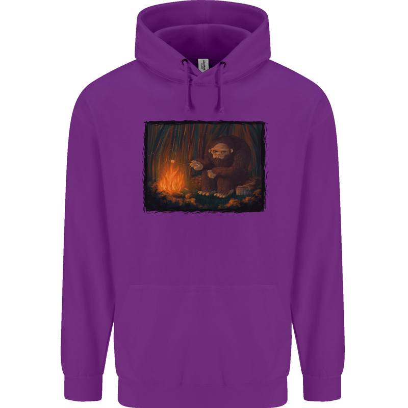 Bigfoot Camping and Cooking Marshmallows Mens 80% Cotton Hoodie Purple