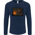 Bigfoot Camping and Cooking Marshmallows Mens Long Sleeve T-Shirt Navy Blue