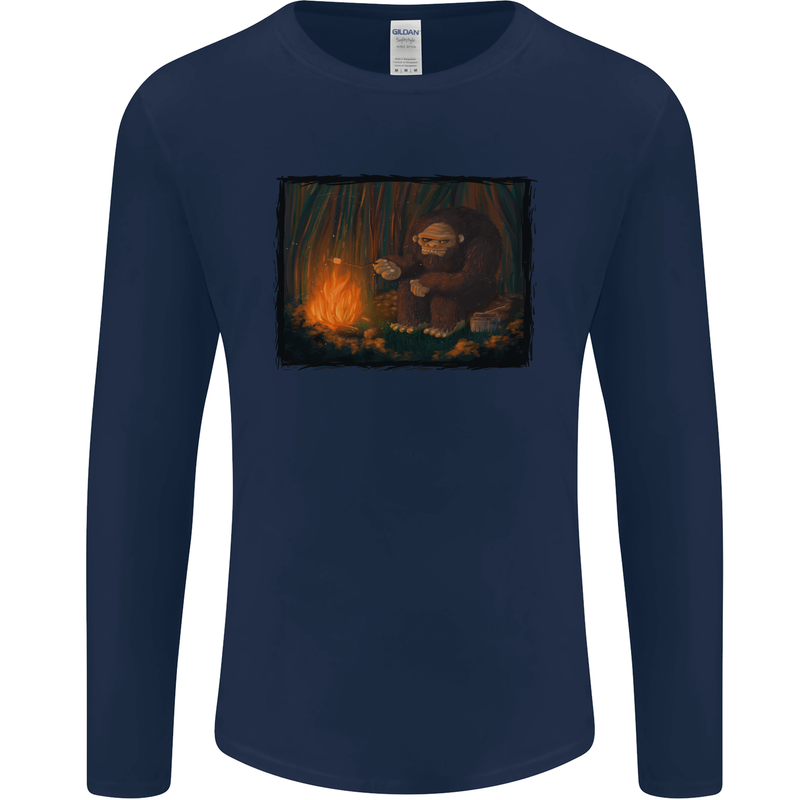 Bigfoot Camping and Cooking Marshmallows Mens Long Sleeve T-Shirt Navy Blue
