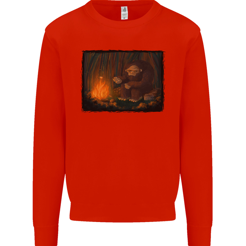 Bigfoot Camping and Cooking Marshmallows Mens Sweatshirt Jumper Bright Red