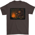 Bigfoot Camping and Cooking Marshmallows Mens T-Shirt Cotton Gildan Dark Chocolate