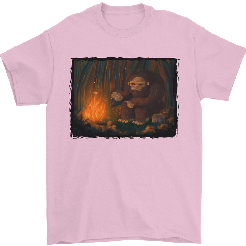 Bigfoot Camping and Cooking Marshmallows Mens T-Shirt Cotton Gildan Light Pink