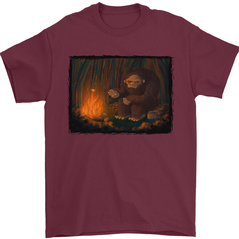 Bigfoot Camping and Cooking Marshmallows Mens T-Shirt Cotton Gildan Maroon