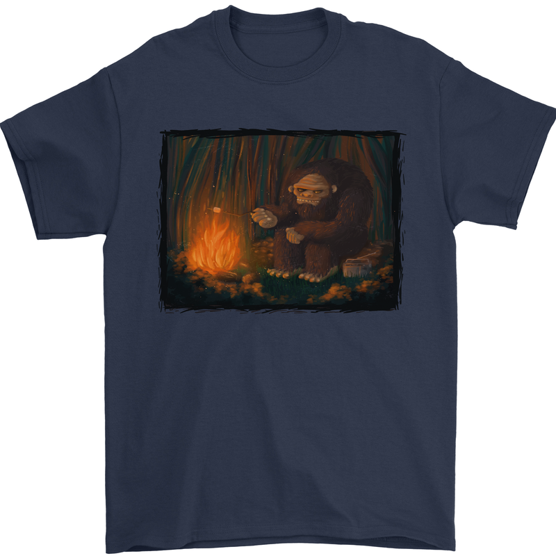 Bigfoot Camping and Cooking Marshmallows Mens T-Shirt Cotton Gildan Navy Blue