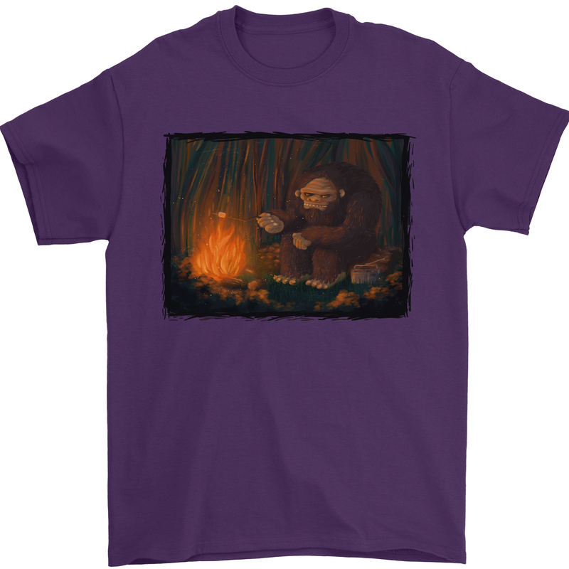 Bigfoot Camping and Cooking Marshmallows Mens T-Shirt Cotton Gildan Purple