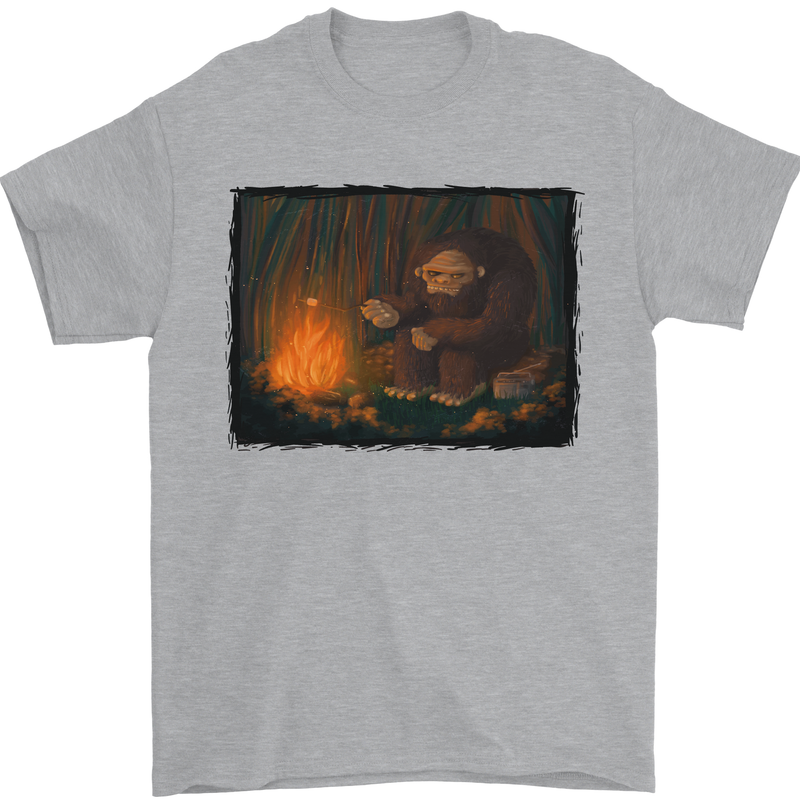Bigfoot Camping and Cooking Marshmallows Mens T-Shirt Cotton Gildan Sports Grey