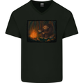 Bigfoot Camping and Cooking Marshmallows Mens V-Neck Cotton T-Shirt Black