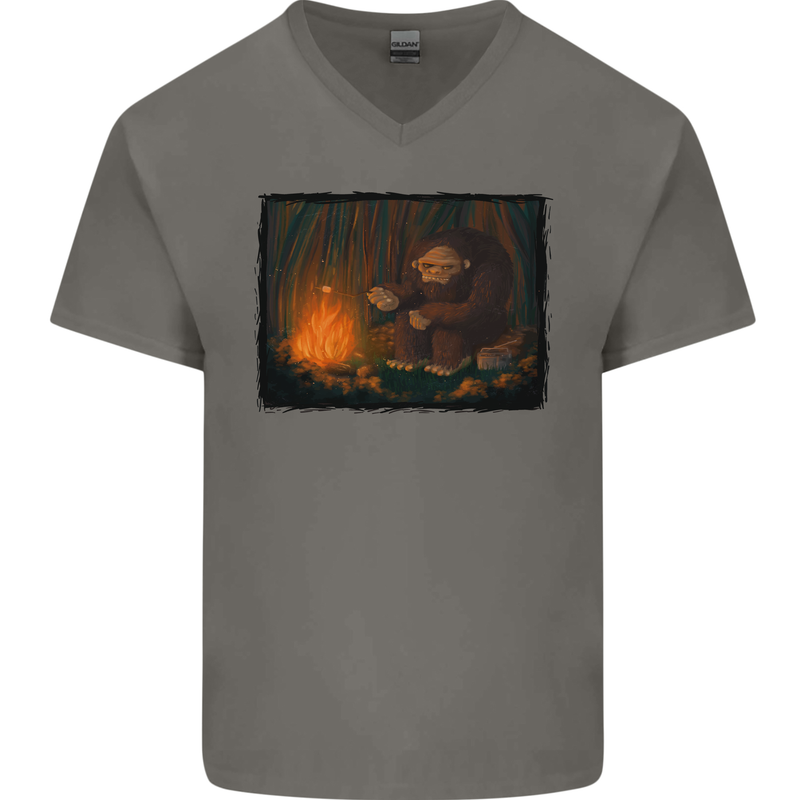 Bigfoot Camping and Cooking Marshmallows Mens V-Neck Cotton T-Shirt Charcoal
