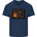 Bigfoot Camping and Cooking Marshmallows Mens V-Neck Cotton T-Shirt Navy Blue