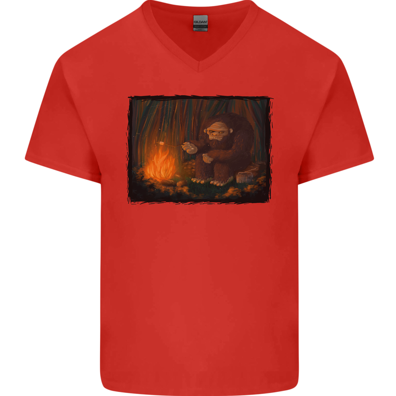Bigfoot Camping and Cooking Marshmallows Mens V-Neck Cotton T-Shirt Red