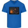 Bigfoot Camping and Cooking Marshmallows Mens V-Neck Cotton T-Shirt Royal Blue