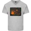 Bigfoot Camping and Cooking Marshmallows Mens V-Neck Cotton T-Shirt Sports Grey
