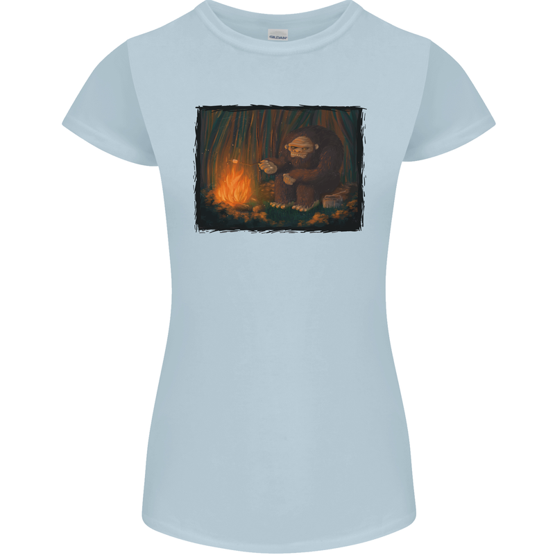 Bigfoot Camping and Cooking Marshmallows Womens Petite Cut T-Shirt Light Blue