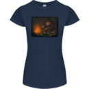 Bigfoot Camping and Cooking Marshmallows Womens Petite Cut T-Shirt Navy Blue