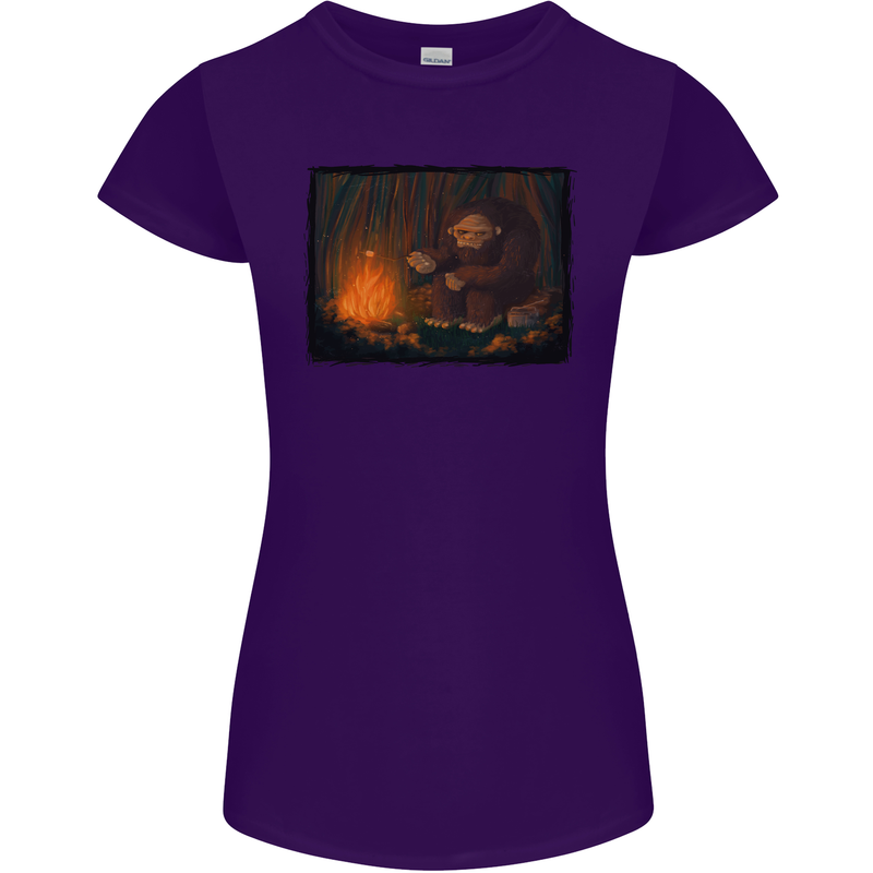 Bigfoot Camping and Cooking Marshmallows Womens Petite Cut T-Shirt Purple