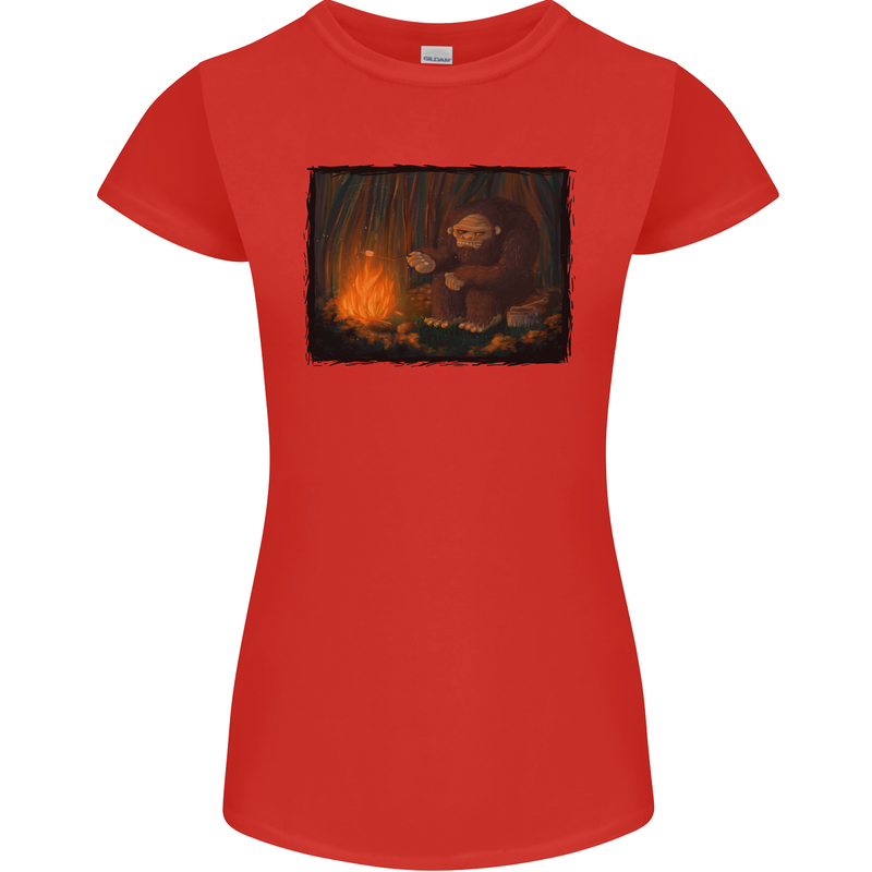 Bigfoot Camping and Cooking Marshmallows Womens Petite Cut T-Shirt Red