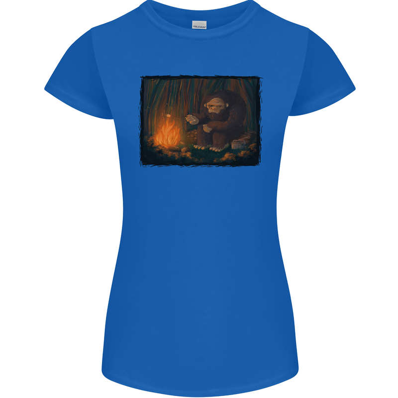 Bigfoot Camping and Cooking Marshmallows Womens Petite Cut T-Shirt Royal Blue