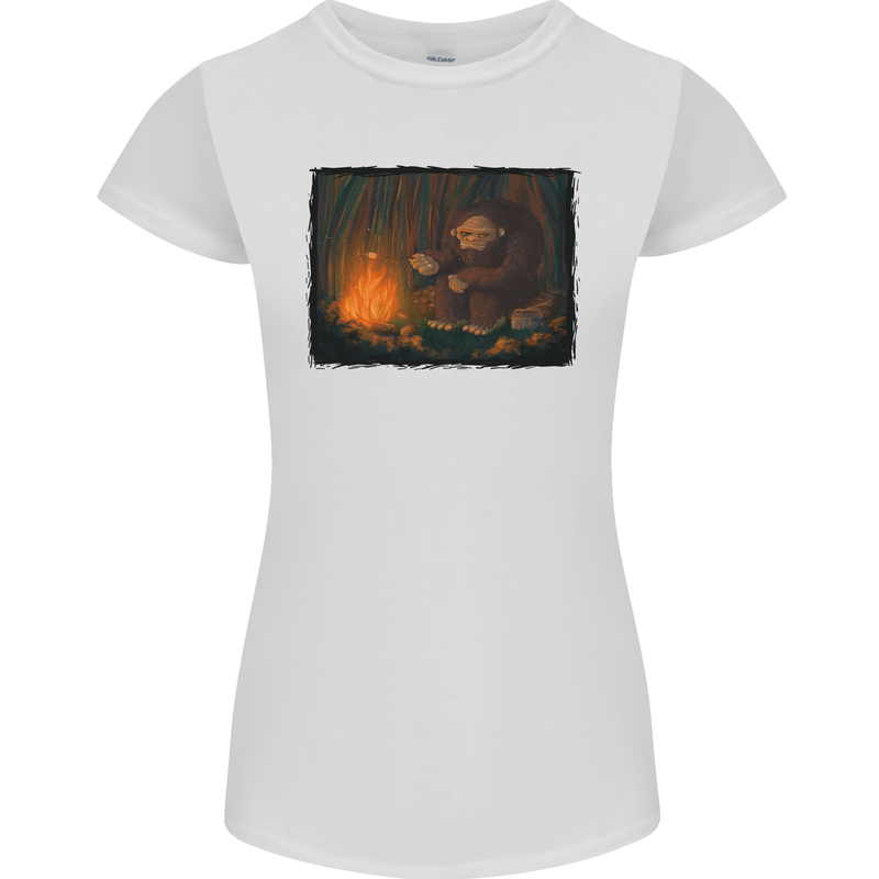 Bigfoot Camping and Cooking Marshmallows Womens Petite Cut T-Shirt White
