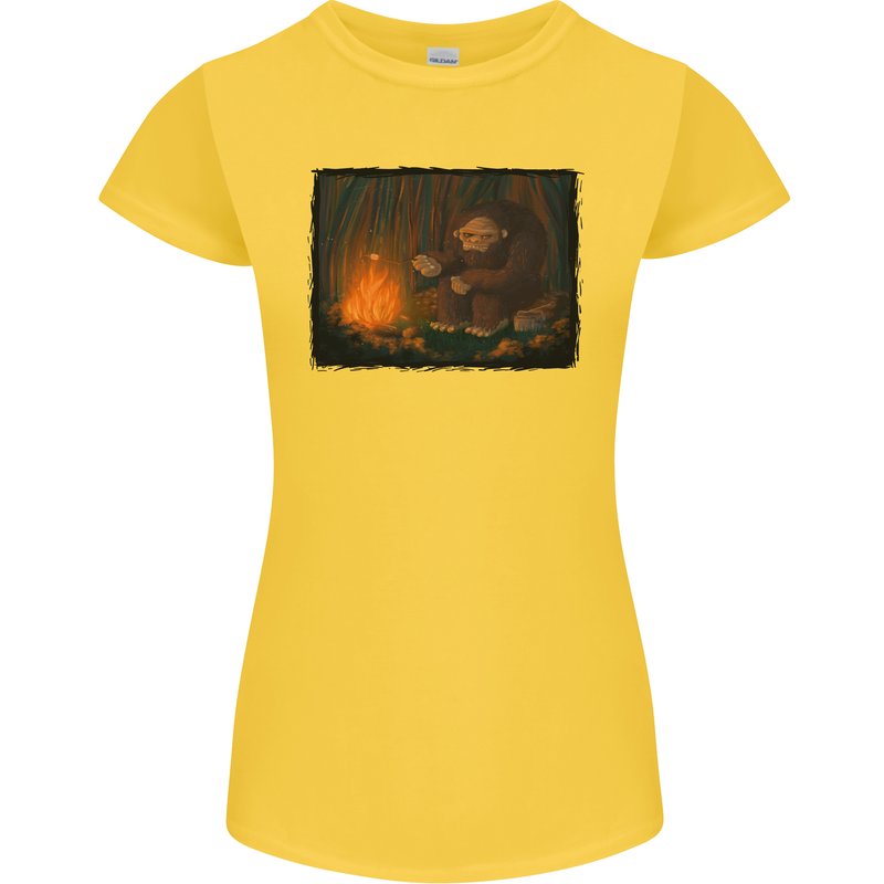 Bigfoot Camping and Cooking Marshmallows Womens Petite Cut T-Shirt Yellow