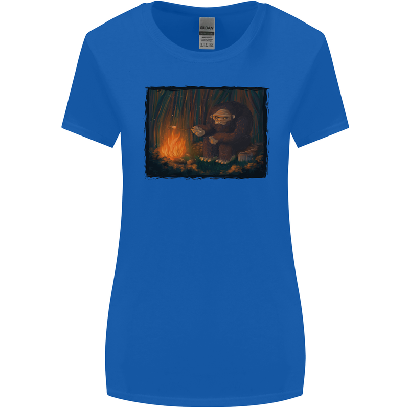 Bigfoot Camping and Cooking Marshmallows Womens Wider Cut T-Shirt Royal Blue