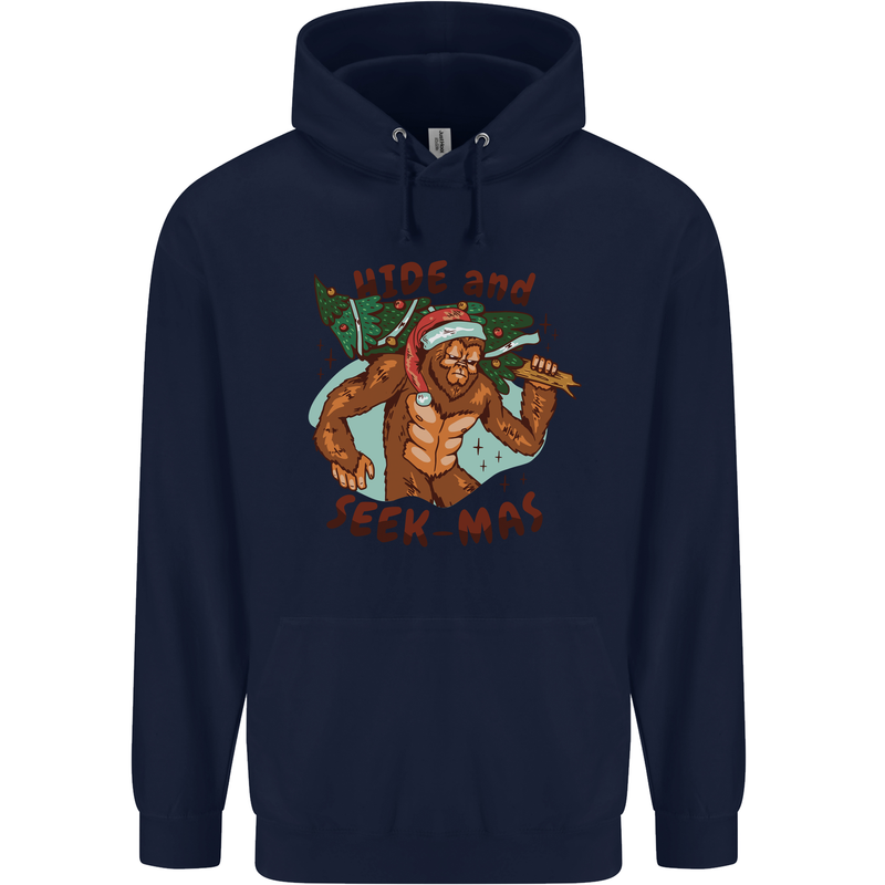 Bigfoot Hide and Seekmas Funny Christmas Mens 80% Cotton Hoodie Navy Blue