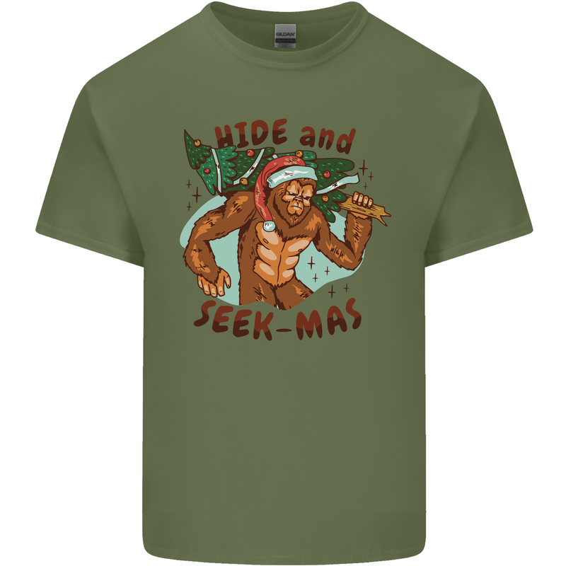 Bigfoot Hide and Seekmas Funny Christmas Mens Cotton T-Shirt Tee Top Military Green