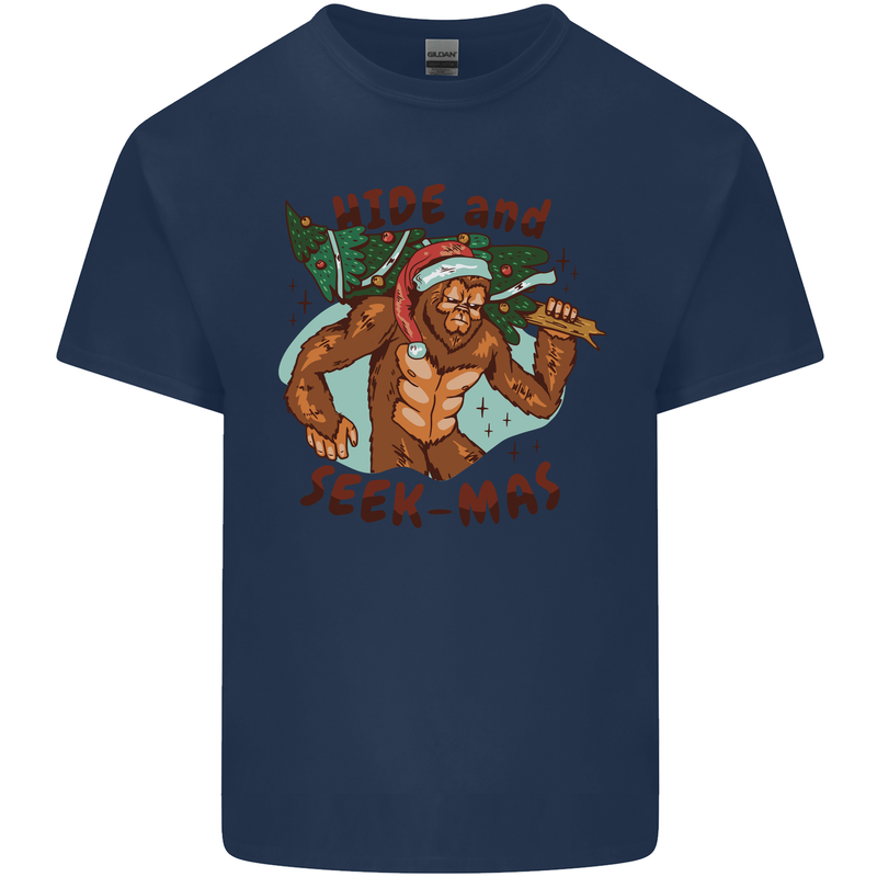 Bigfoot Hide and Seekmas Funny Christmas Mens Cotton T-Shirt Tee Top Navy Blue
