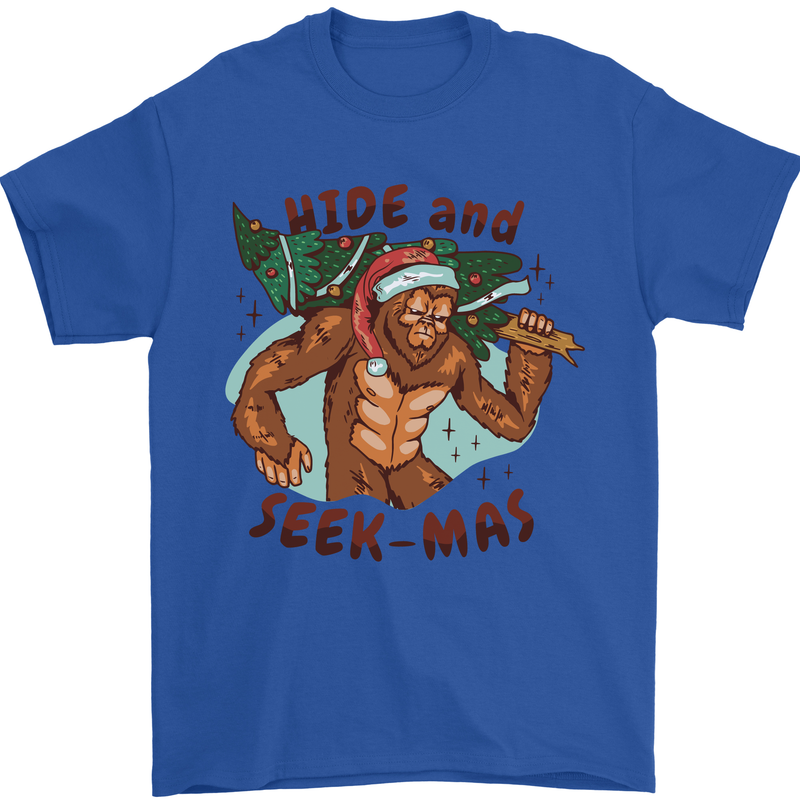 Bigfoot Hide and Seekmas Funny Christmas Mens T-Shirt Cotton Gildan Royal Blue
