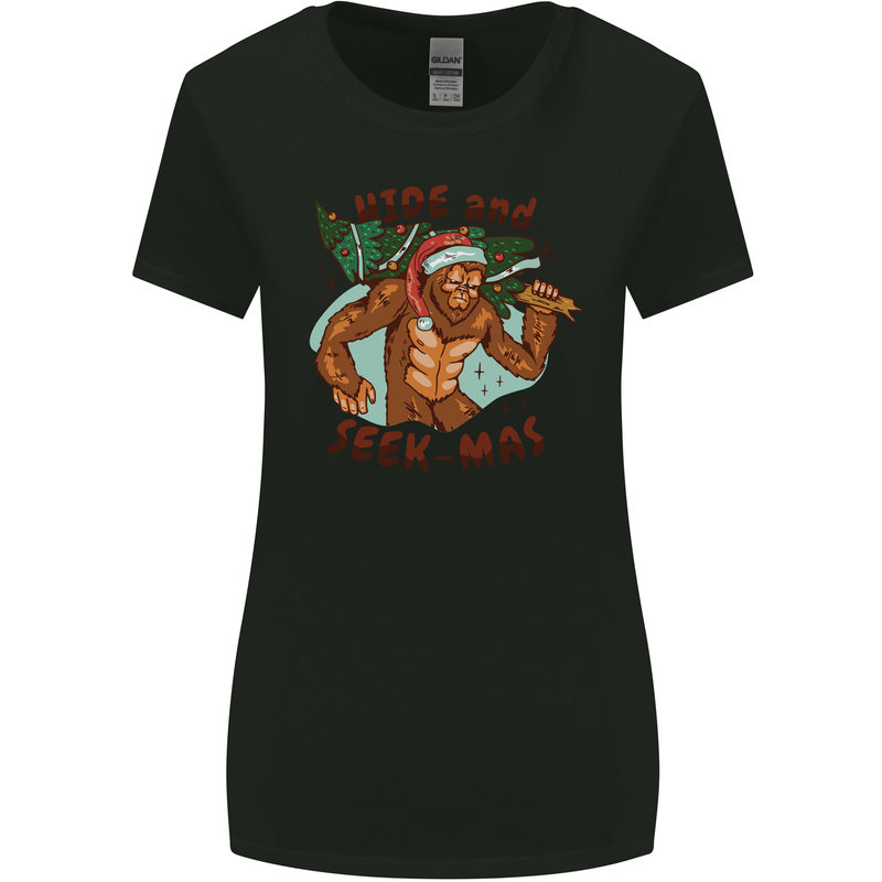 Bigfoot Hide and Seekmas Funny Christmas Womens Wider Cut T-Shirt Black