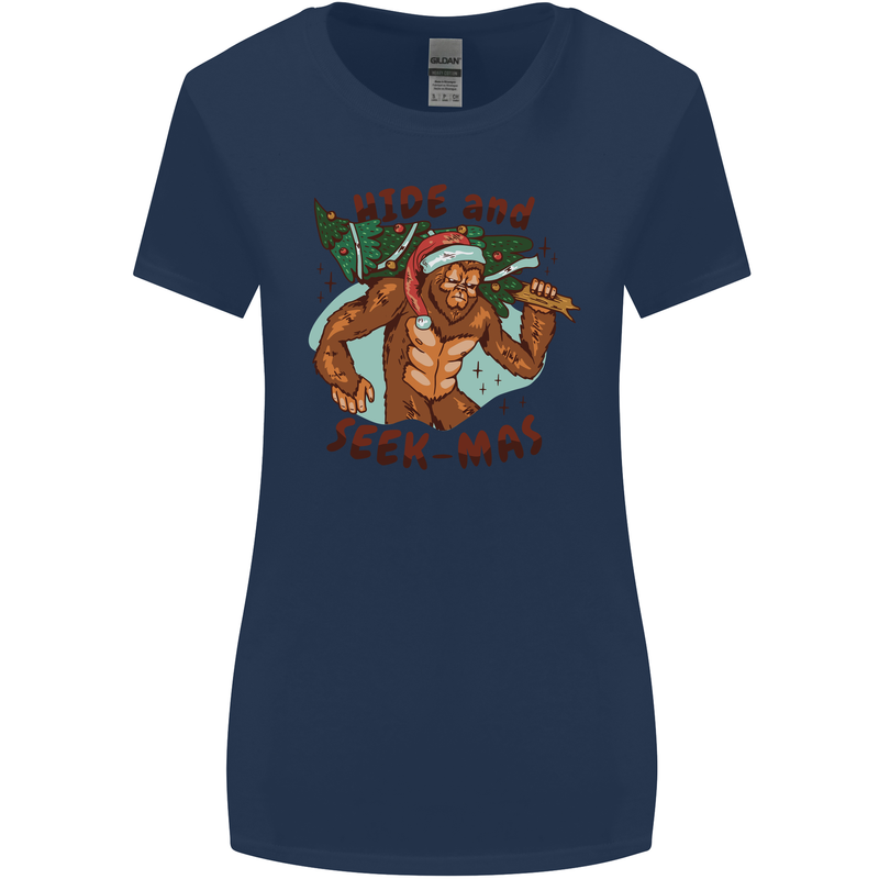 Bigfoot Hide and Seekmas Funny Christmas Womens Wider Cut T-Shirt Navy Blue