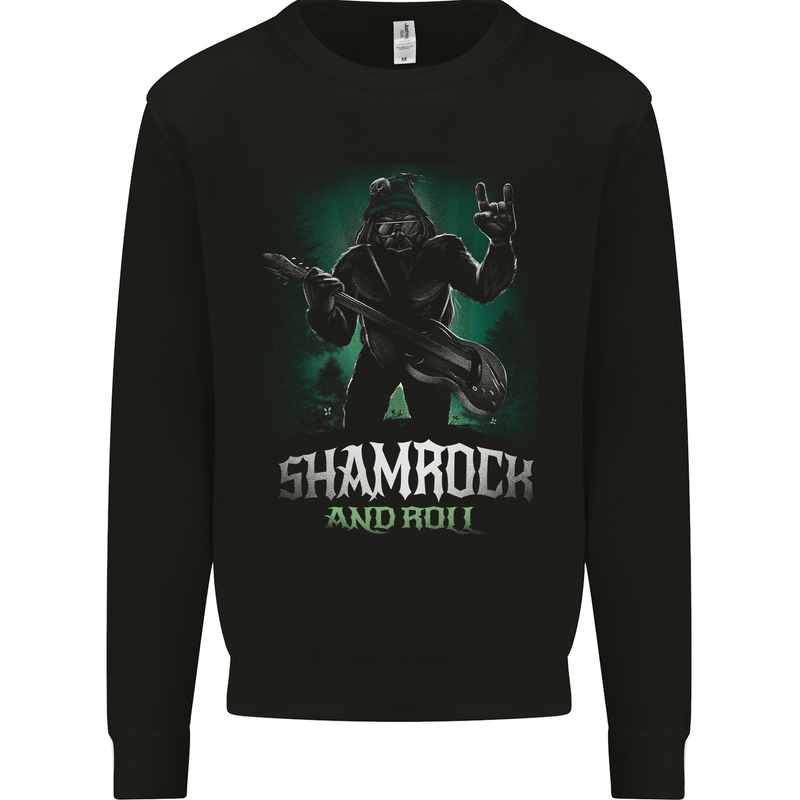 Bigfoot Shamrock n Roll Funny St Patricks Day Kids Sweatshirt Jumper Black