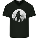 Bigfoot With a Moon Background Mens V-Neck Cotton T-Shirt Black