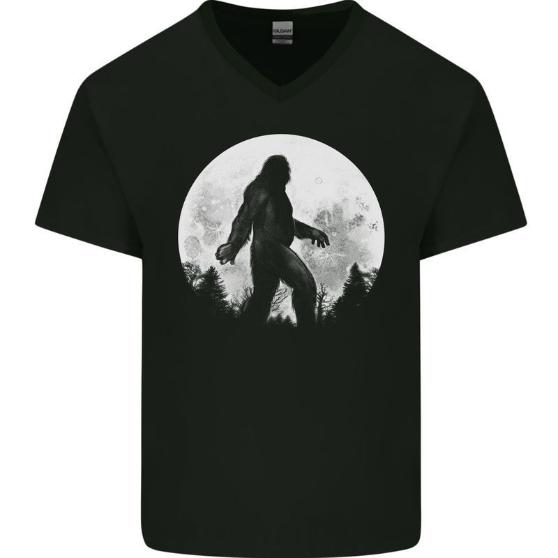 Bigfoot With a Moon Background Mens V-Neck Cotton T-Shirt Black