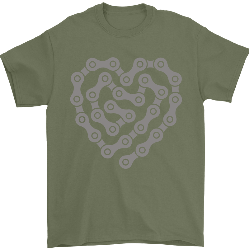 Bike Heart Chain Cycling Biker Motorcycle Mens T-Shirt Cotton Gildan Military Green