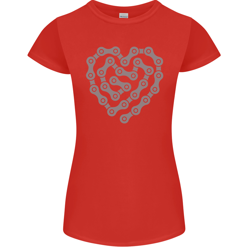 Bike Heart Chain Cycling Biker Motorcycle Womens Petite Cut T-Shirt Red