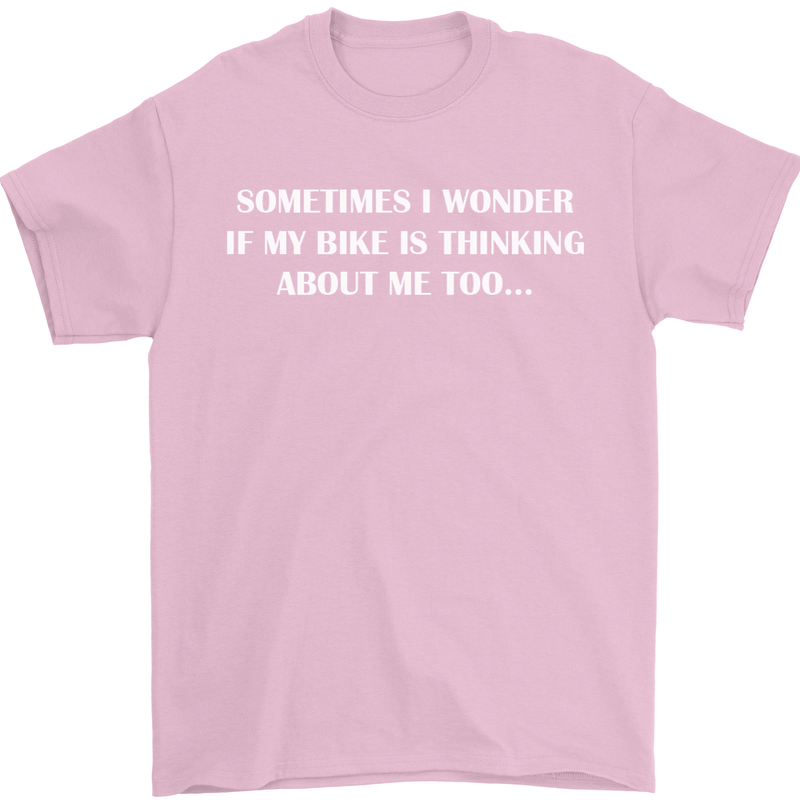 Bike Thinks of Me Cycling Biker Motorbike Mens T-Shirt Cotton Gildan Light Pink