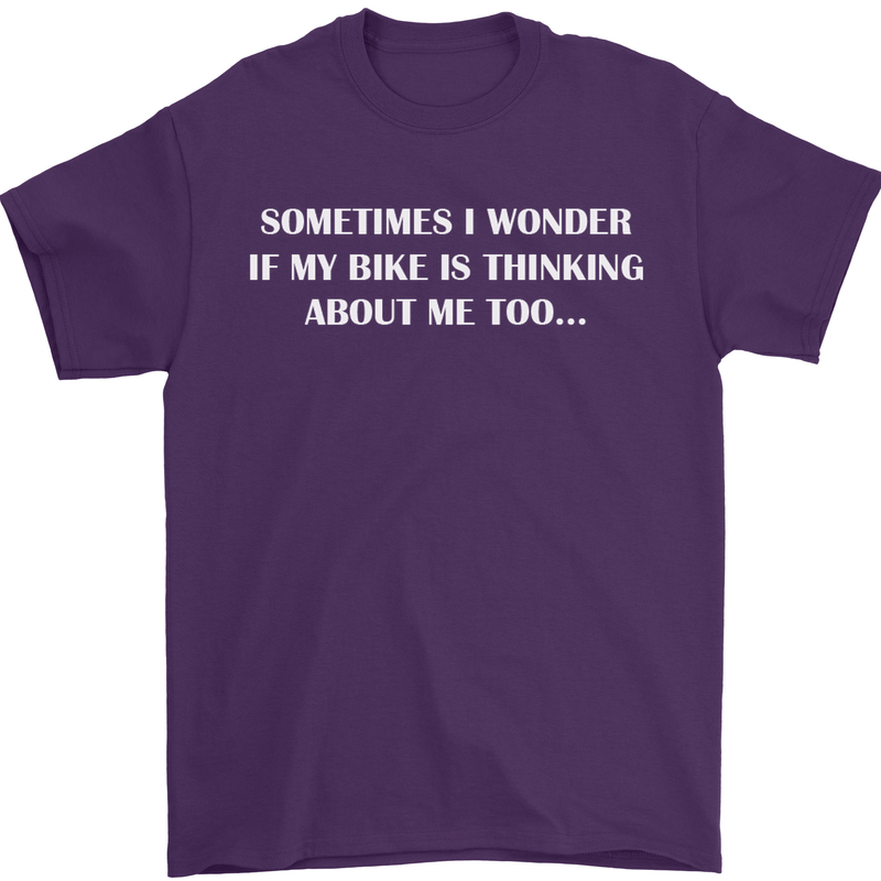 Bike Thinks of Me Cycling Biker Motorbike Mens T-Shirt Cotton Gildan Purple