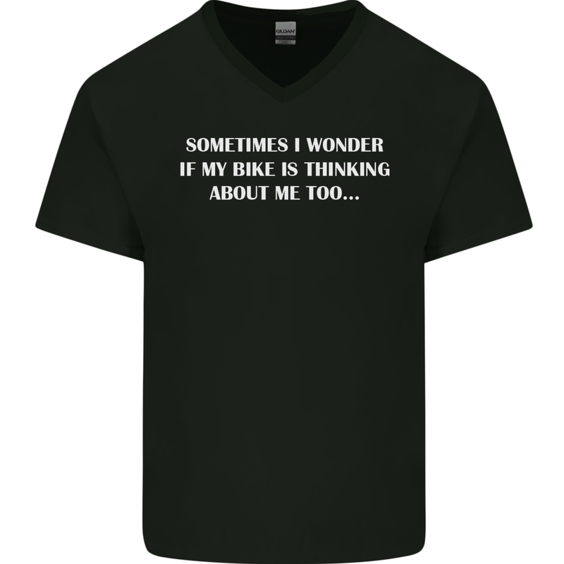 Bike Thinks of Me Cycling Biker Motorbike Mens V-Neck Cotton T-Shirt Black