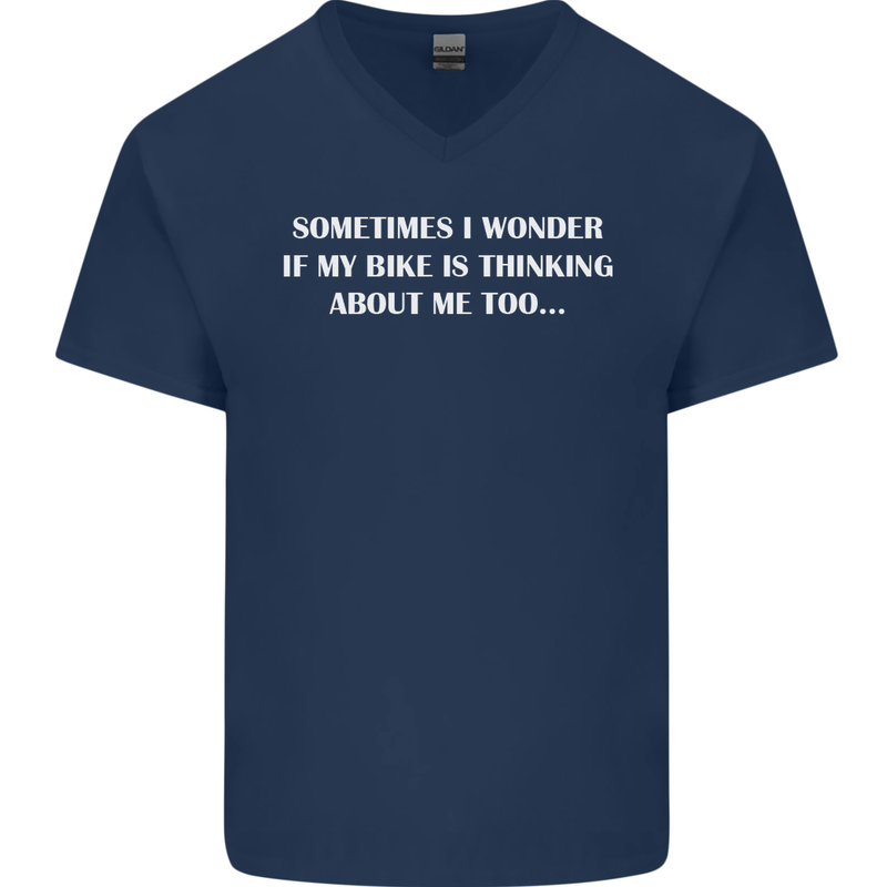 Bike Thinks of Me Cycling Biker Motorbike Mens V-Neck Cotton T-Shirt Navy Blue
