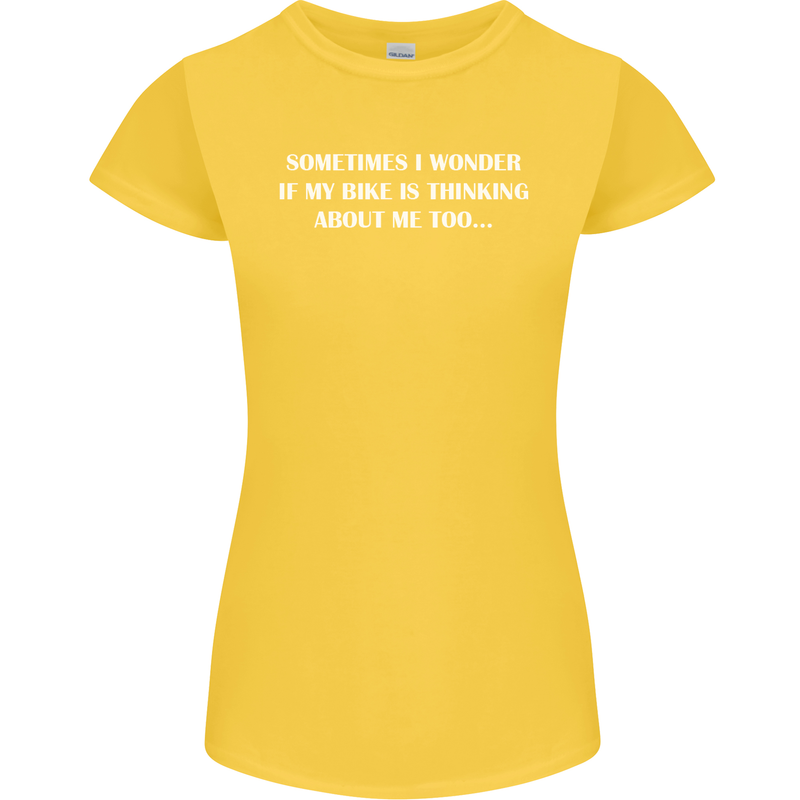 Bike Thinks of Me Cycling Biker Motorbike Womens Petite Cut T-Shirt Yellow