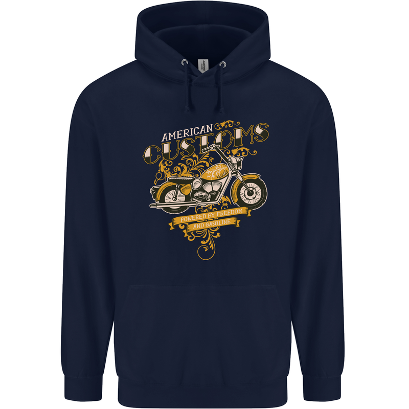 Biker American Customs Motorcycle Chopper Mens 80% Cotton Hoodie Navy Blue