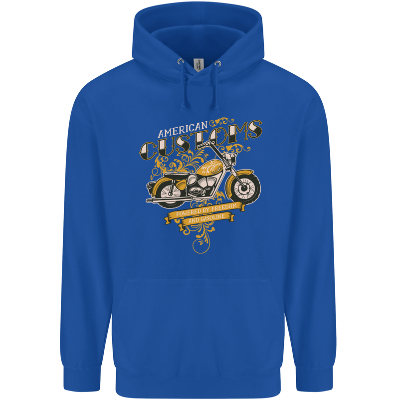 Biker American Customs Motorcycle Chopper Mens 80% Cotton Hoodie Royal Blue
