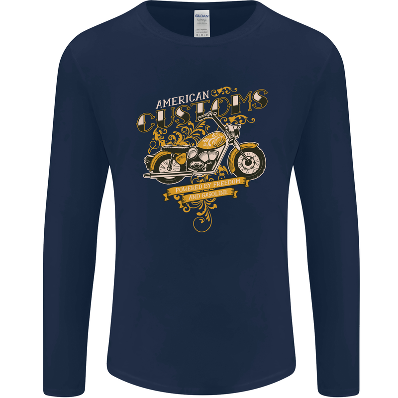 Biker American Customs Motorcycle Chopper Mens Long Sleeve T-Shirt Navy Blue
