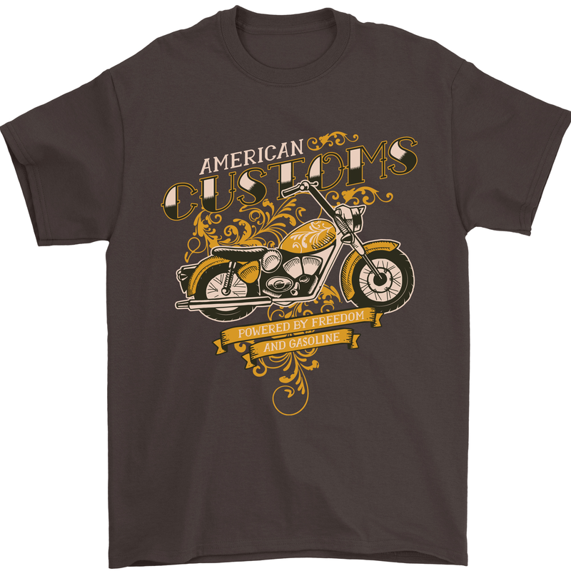 Biker American Customs Motorcycle Chopper Mens T-Shirt Cotton Gildan Dark Chocolate